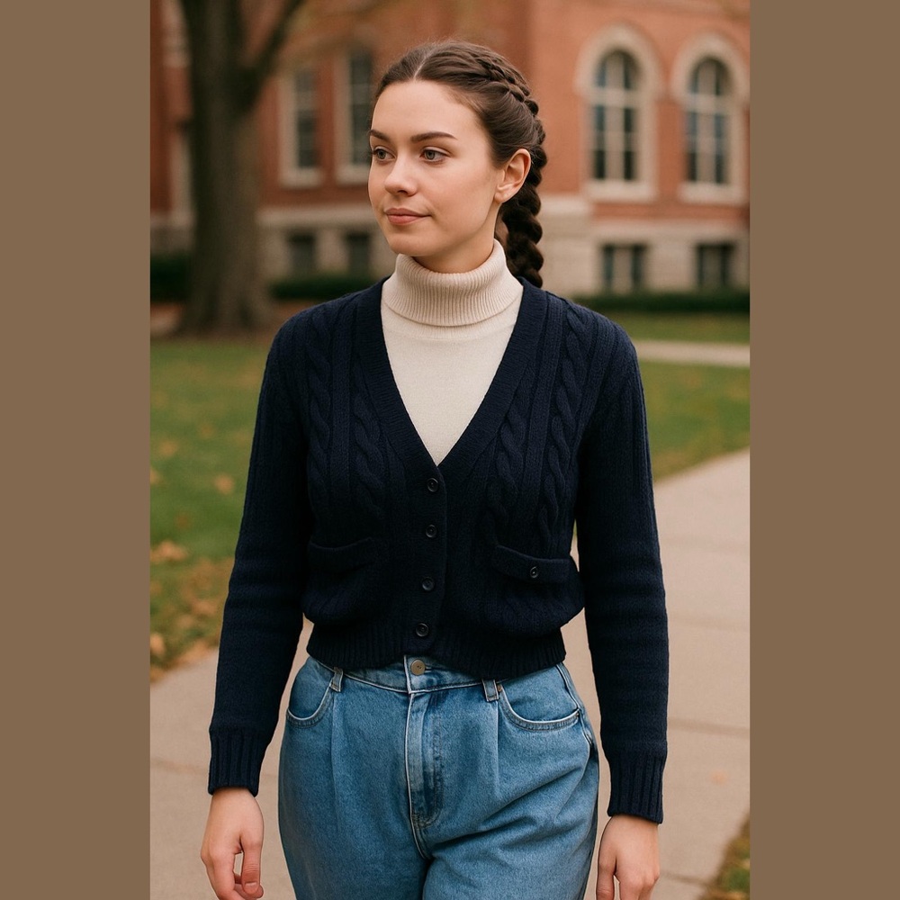 Y2K TOMBOY NAVY CABLE KNIT CROPPED BUTTON FRONT V-NECK CARDIGAN SWEATER SZ M
